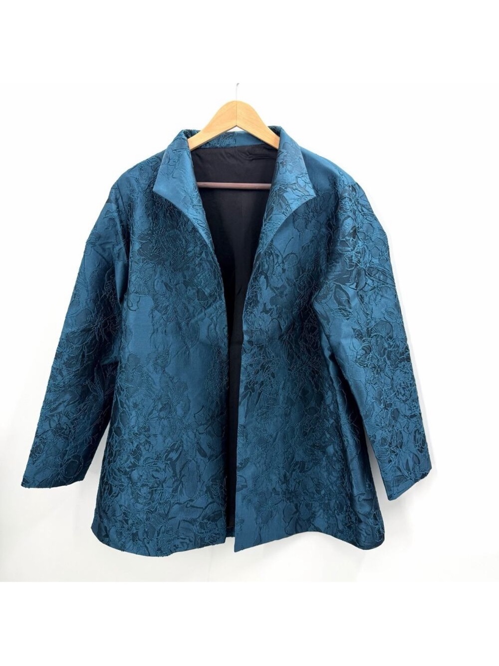Vintage Custom Made Teal Silk Jacquard Floral Blazer Evening Jacket Womens 2X
